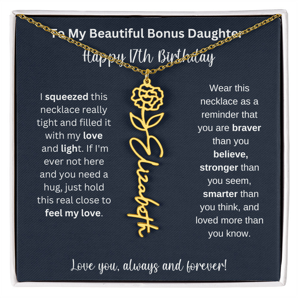 To My Beautiful Bonus Daughter | Happy 17th Birthday | Flower Name Necklace
