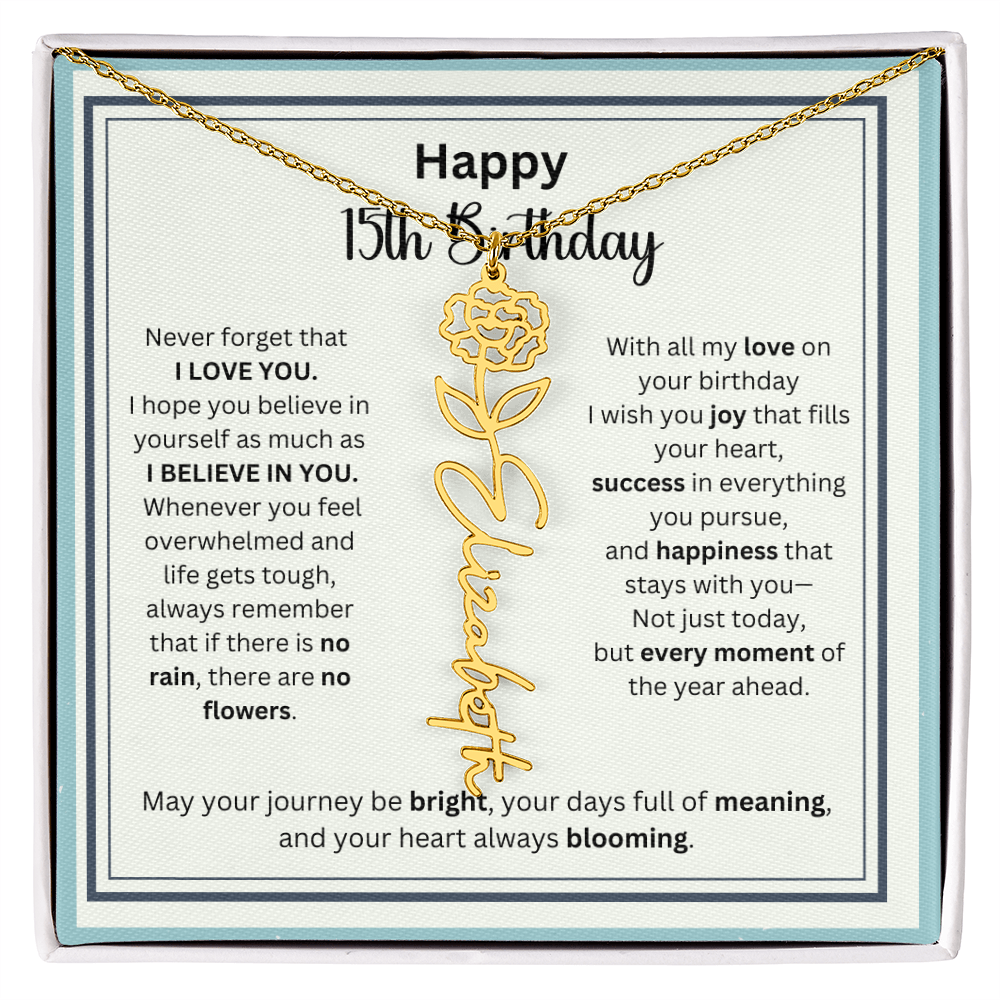 Personalized 15th Birthday Gift for Her - Birth Flower Necklace with Card