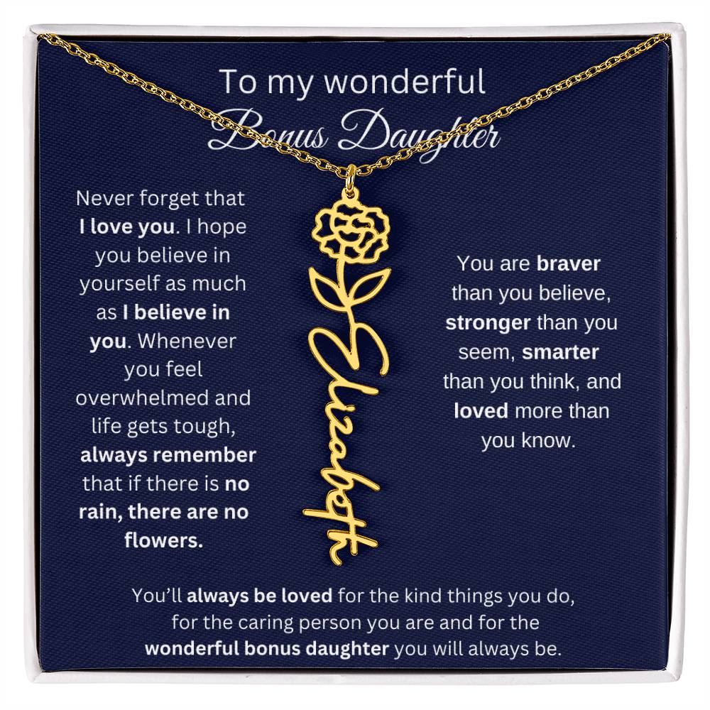 To My Wonderful Bonus Daughter - I Love You - Flower Name Necklace