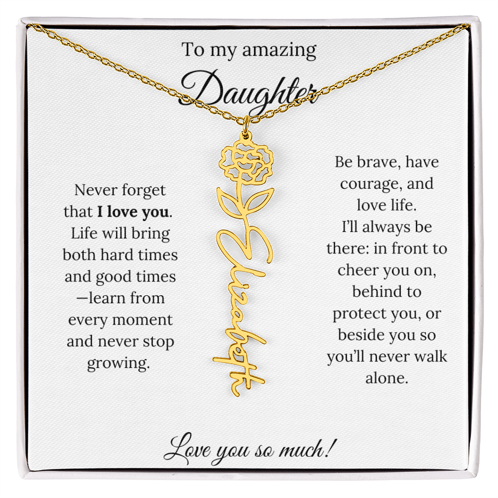 Personalized Daughter Necklace with Birth Flower Name & Inspiring Quote Card