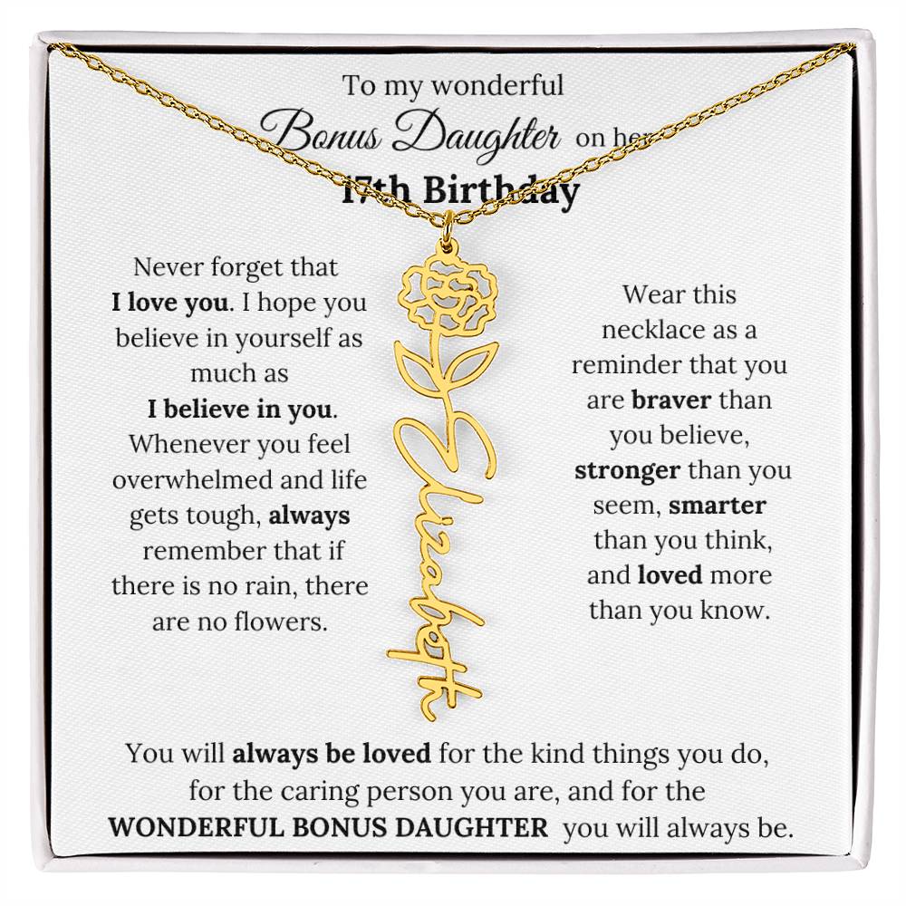 To My Wonderful Bonus Daughter On Her 17th Birthday | I Love You | Flower Name Necklace