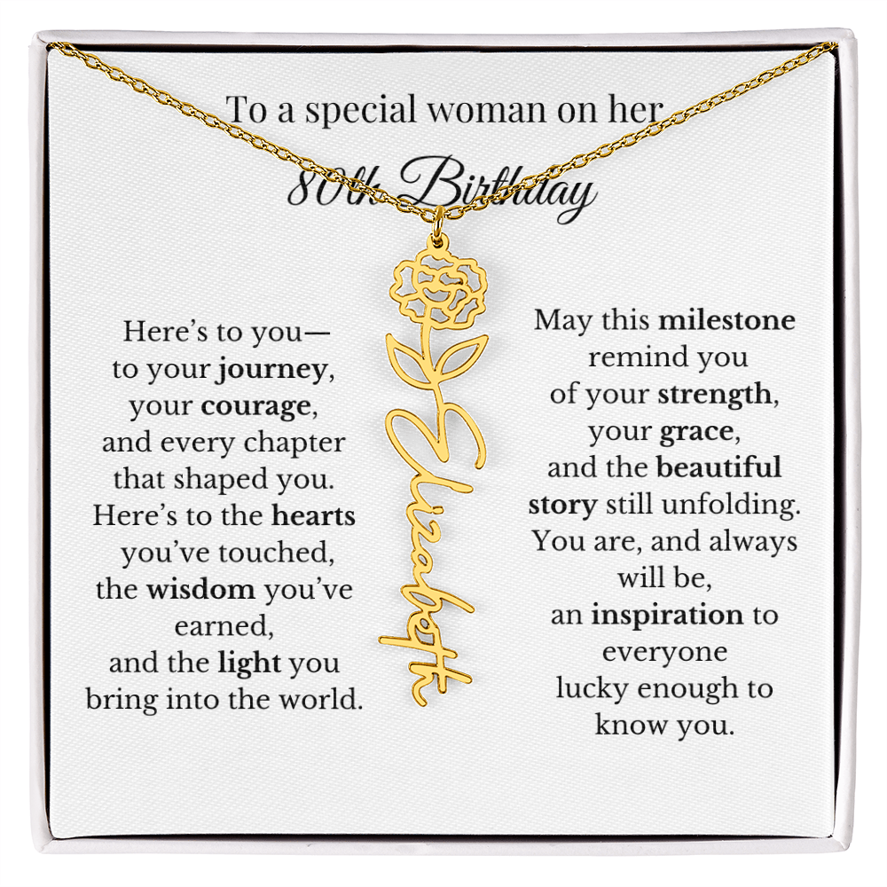 80th Birthday Gift To A Special Woman | Personalized Birth Flower Name Necklace