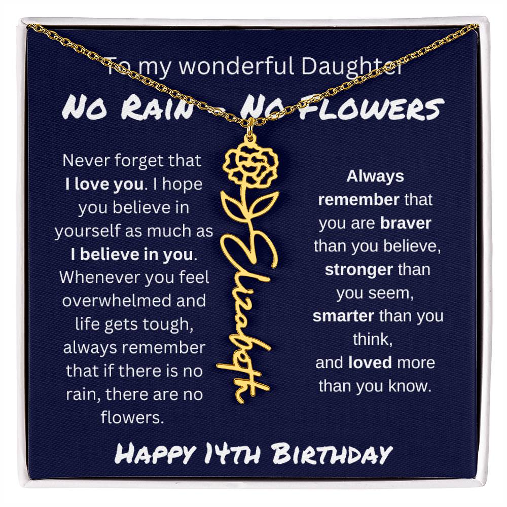 No Rain - No Flower | Happy 14th Birthday | Flower Name Necklace