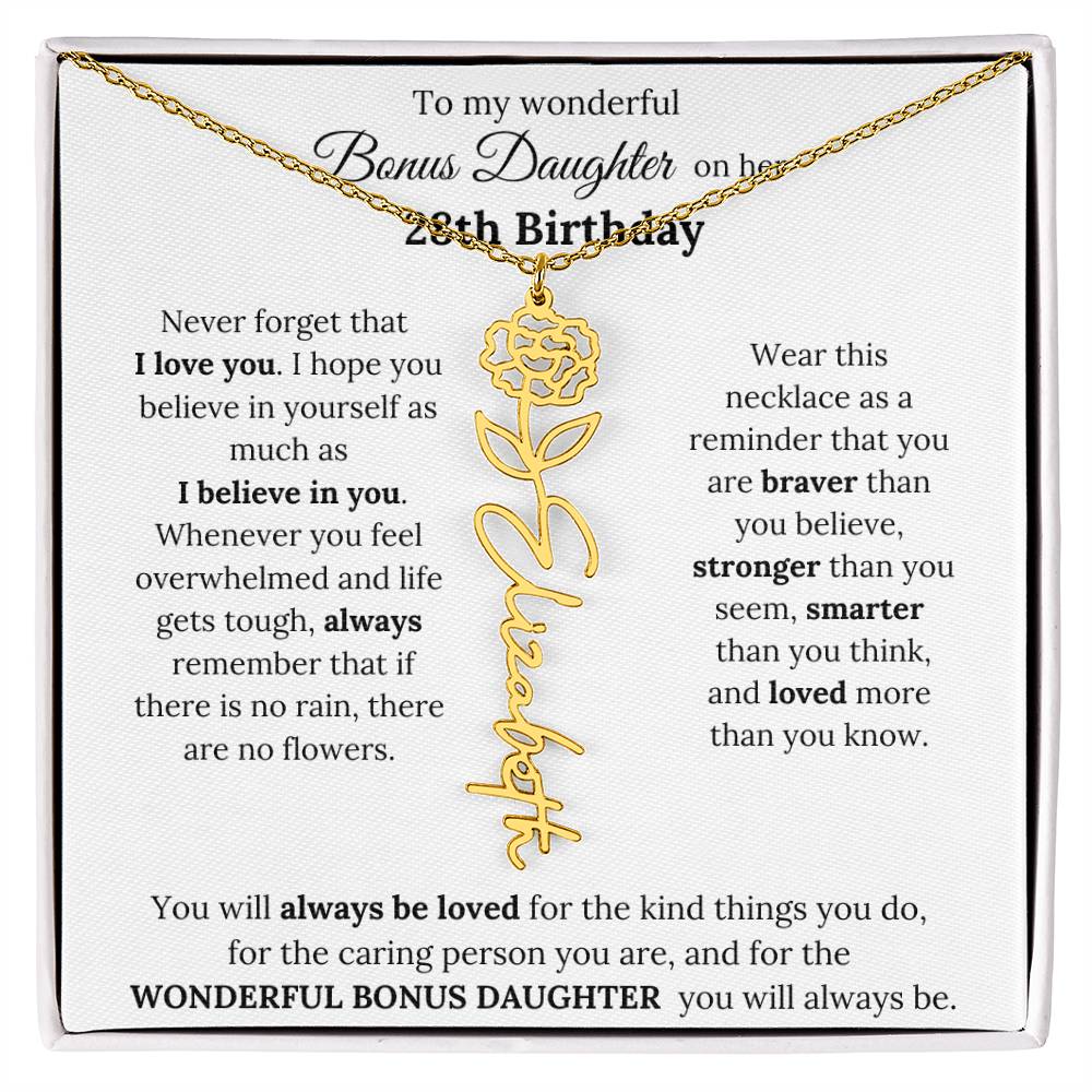 To My Wonderful Bonus Daughter On Her 28th Birthday | I Love You | Flower Name Necklace