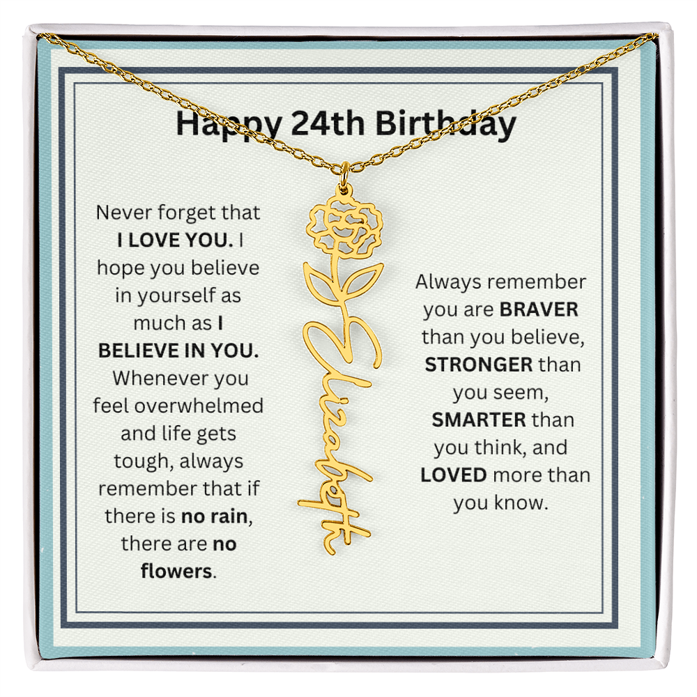 Personalized 24th Birthday Flower Name Necklace Gift
