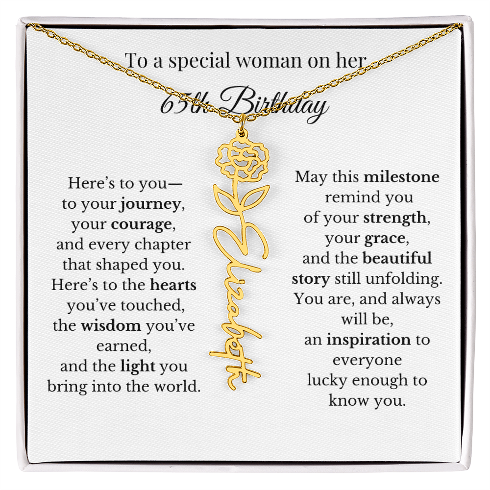 65th Birthday Gift To A Special Woman | Personalized Birth Flower Name Necklace