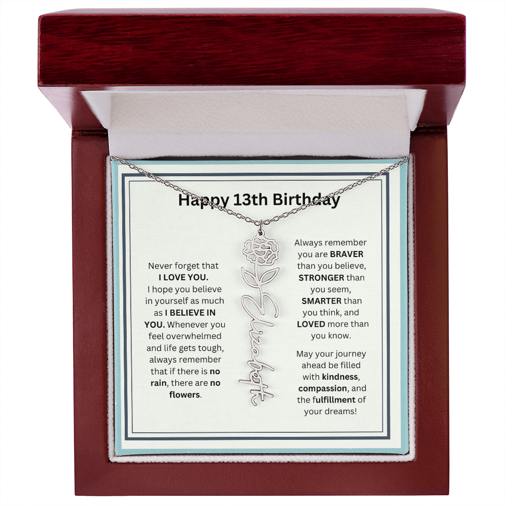 13th Personalized Birthday Gift - Flower Name Necklace