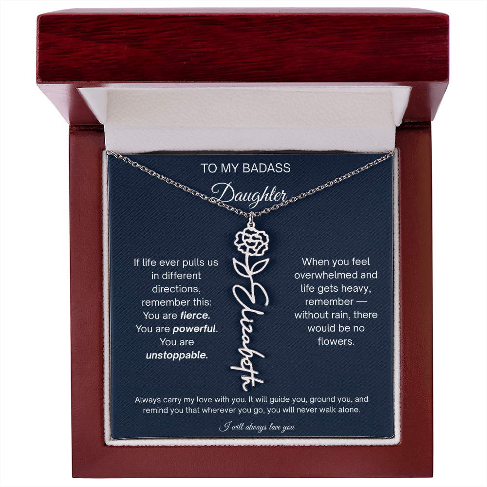 Badass Daughter Personalized Birth Flower Name Necklace