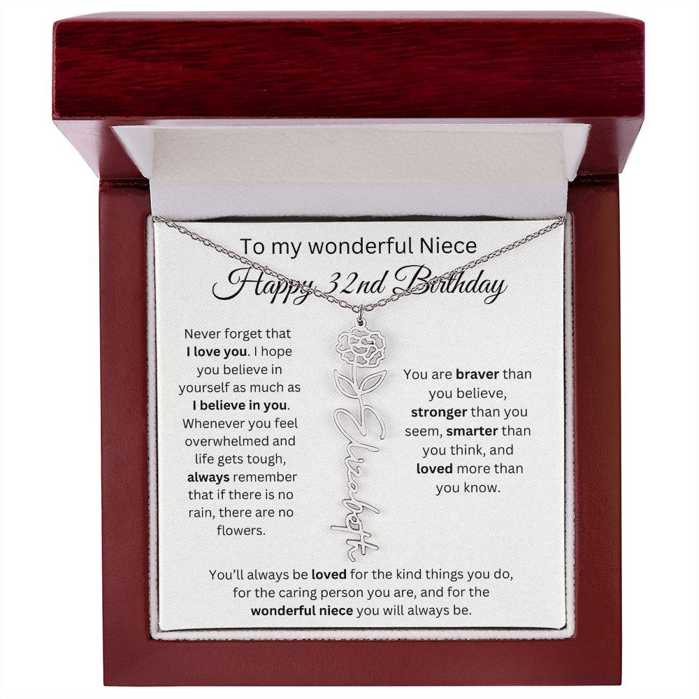To My Wonderful Niece Happy 32nd Birthday - Flower Name Necklace