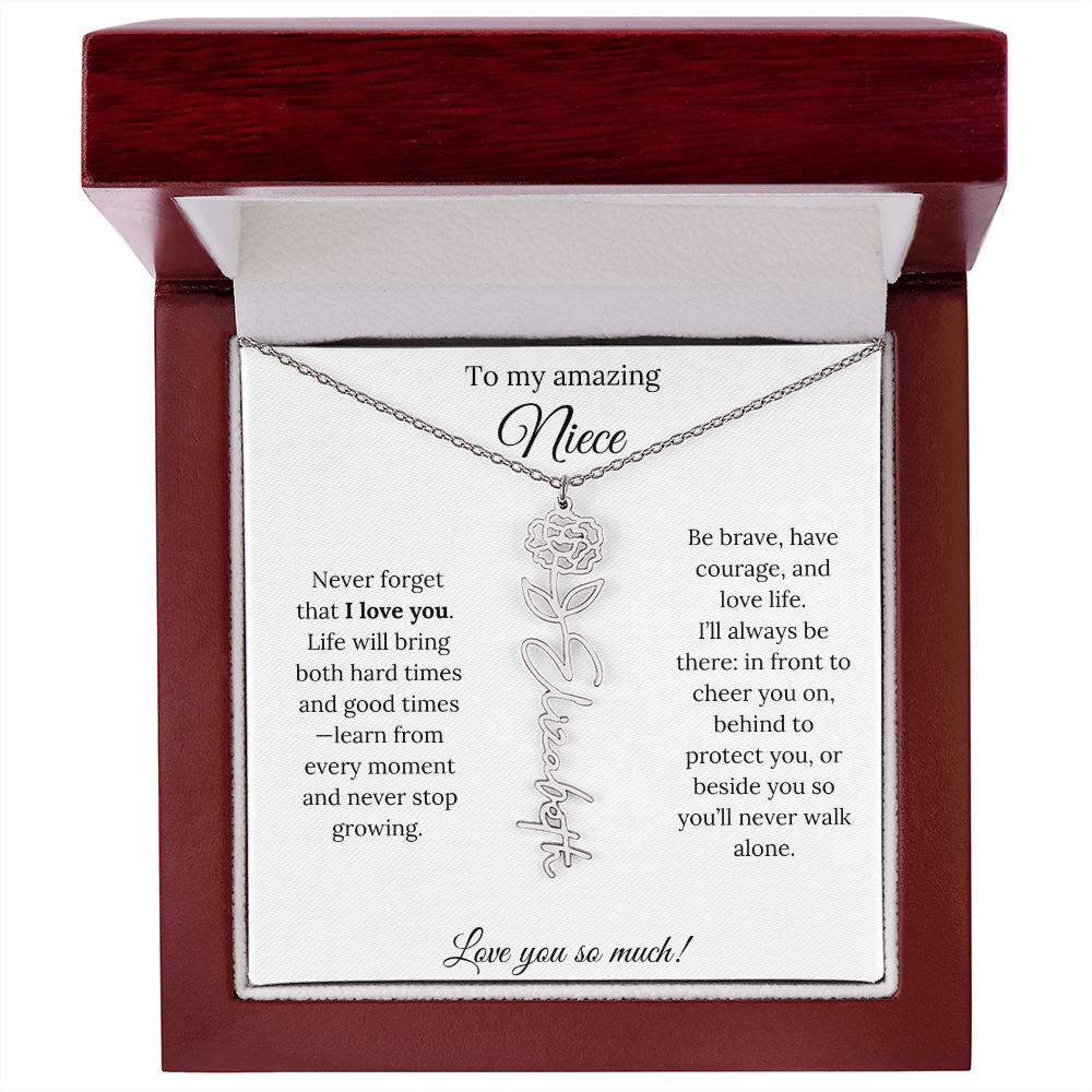 Niece Gift – Birth Flower Name Necklace + Inspiring Message Card