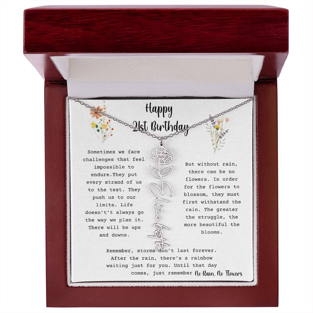 No Rain, No Flowers - Happy 21st Birthday - Flower Name Necklace