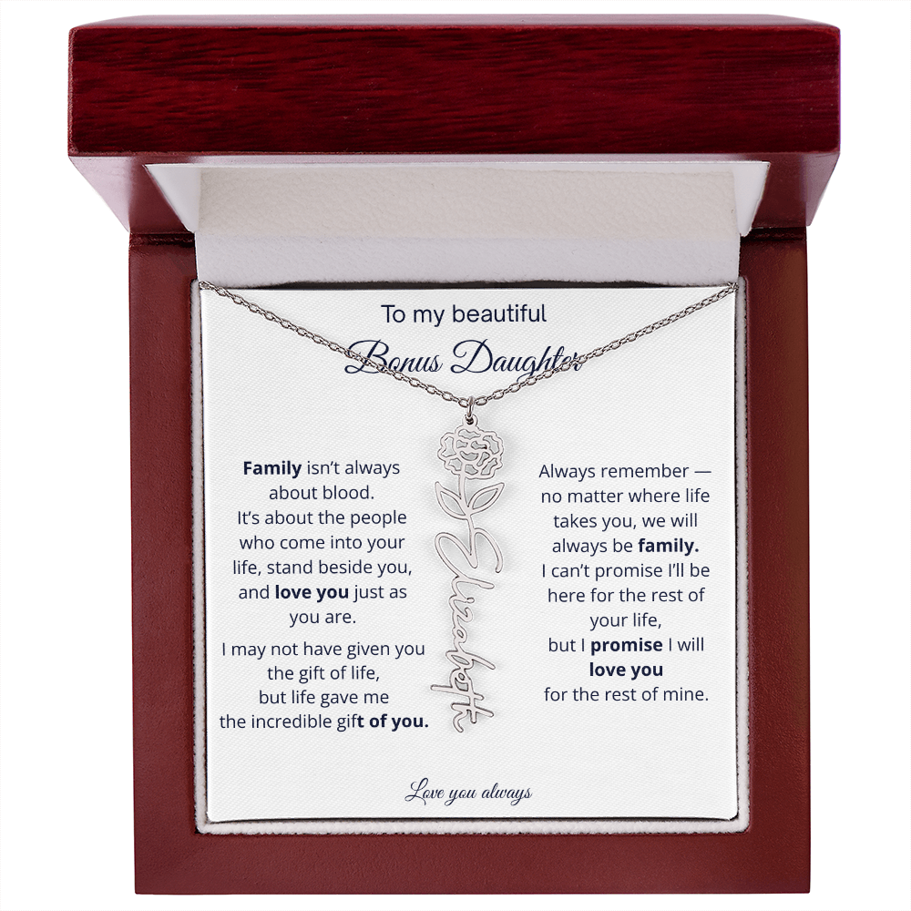 To My Beautiful Bonus Daughter | Love You Always | Birth Flower Name Necklace
