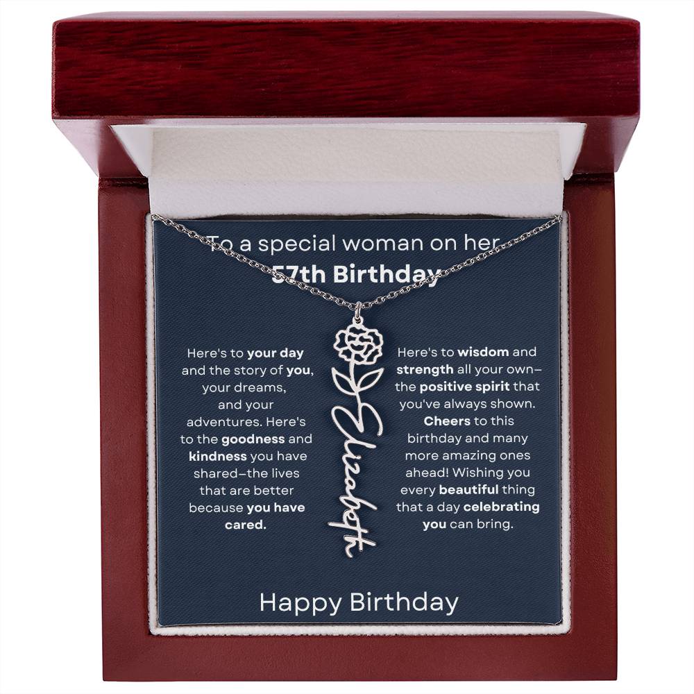 To A Special Woman On Her 57th Birthday - Flower Name Necklace