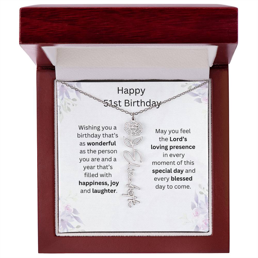Wishing You Happiness, Joy & Laughter - Happy 51st Birthday | Flower Name Necklace