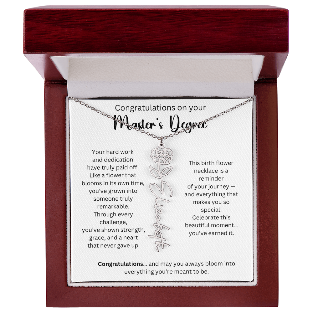 Personalized Masters Graduation Keepsake Gift - Birth Flower Name Necklace