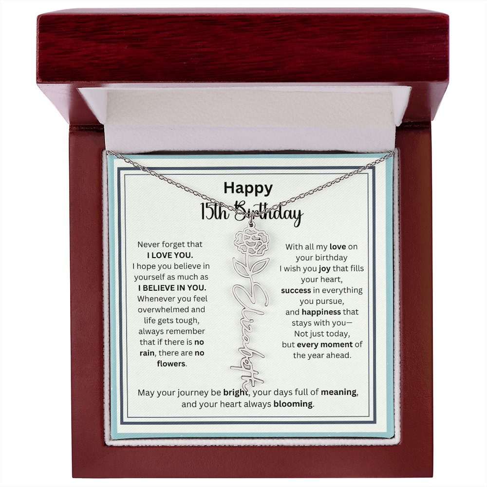 Personalized 15th Birthday Gift for Her - Birth Flower Necklace with Card