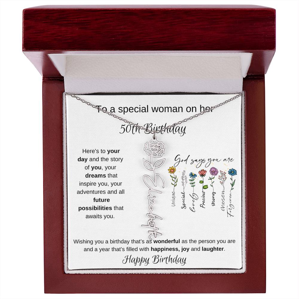 To A Special Woman On Her 50th Birthday - Flower Name Necklace