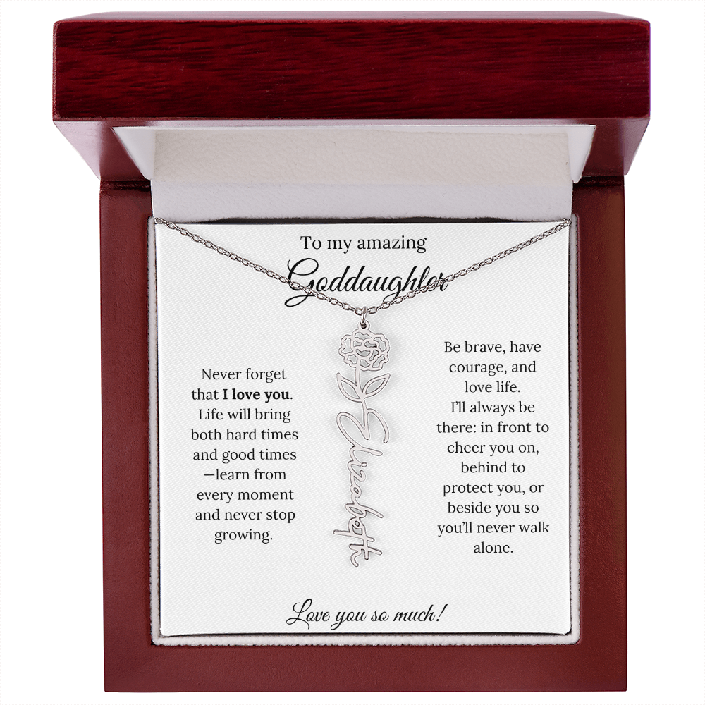 Never Forget I Love You Goddaughter Necklace – Personalized Birth Flower Jewelry + Quote Card Gift for Birthday