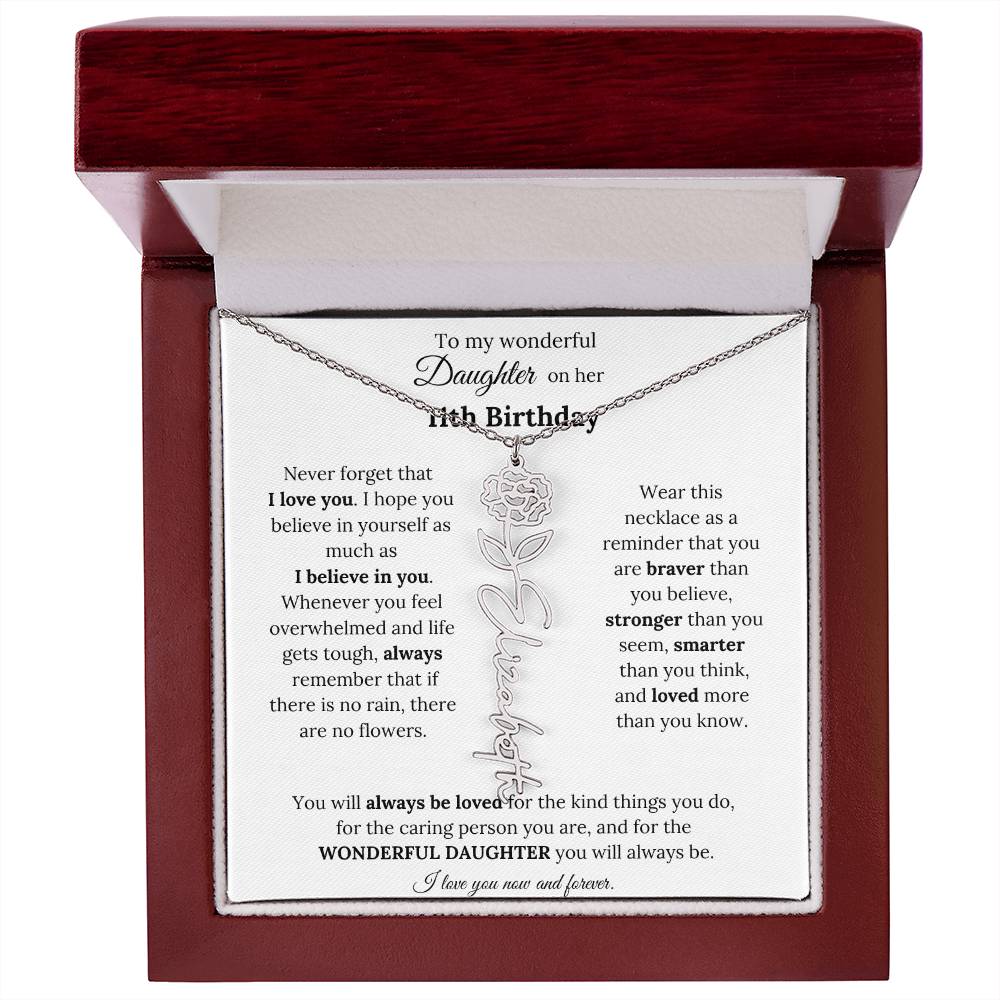 To My Wonderful Daughter On Her 11th Birthday - I Love You - Flower Name Necklace