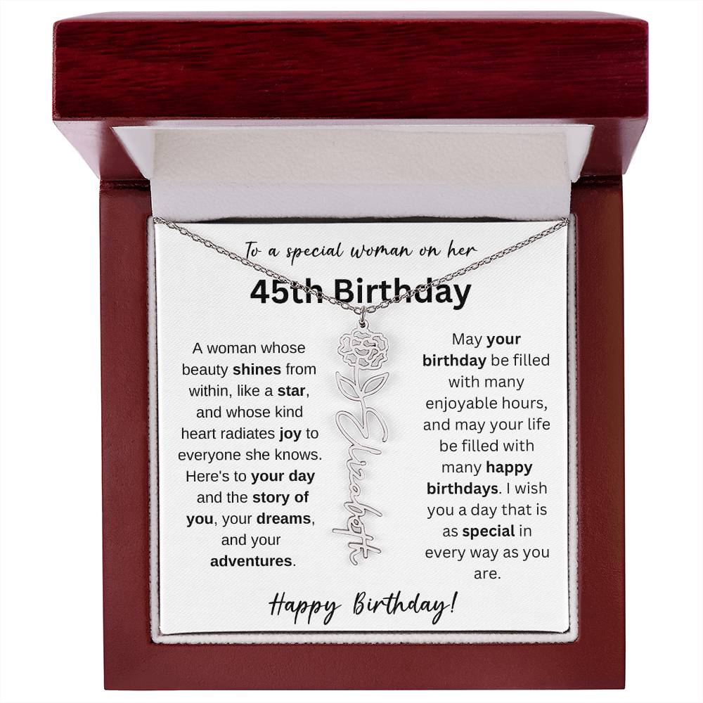 To A Special Woman - Happy 45th Birthday - Flower Name Necklace