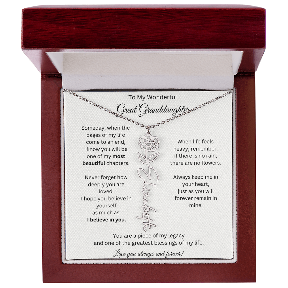 Great Granddaughter Gift - Custom Birth Flower Name Necklace
