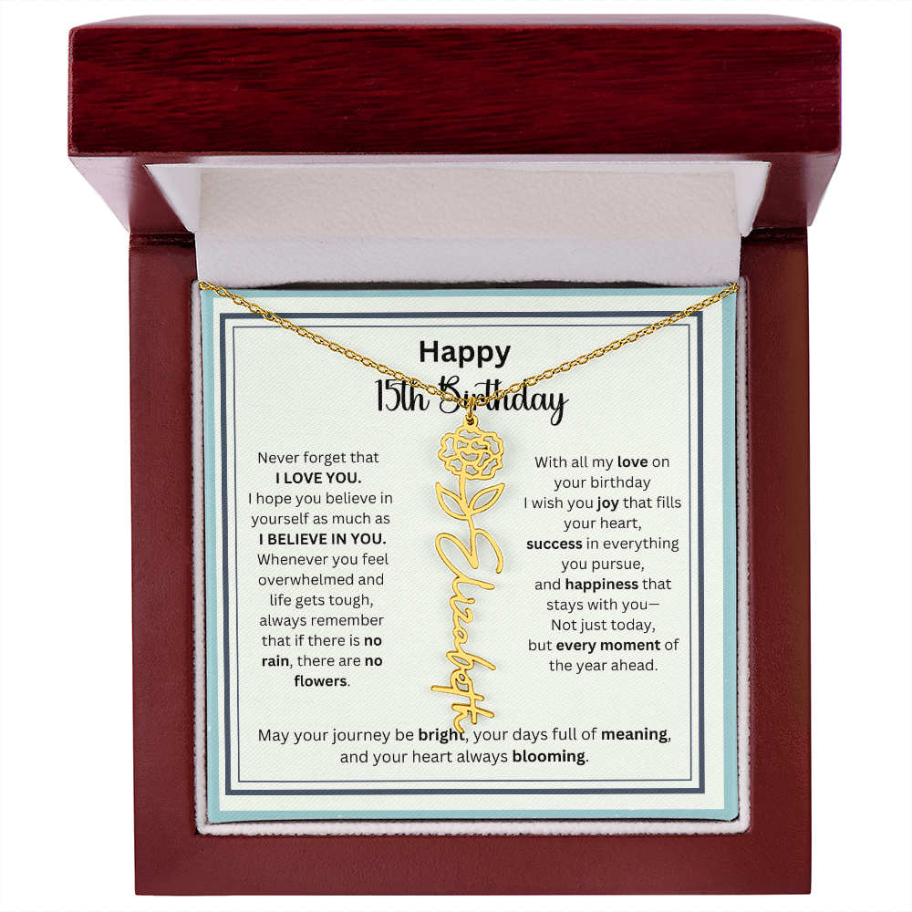 Personalized 15th Birthday Gift for Her - Birth Flower Necklace with Card