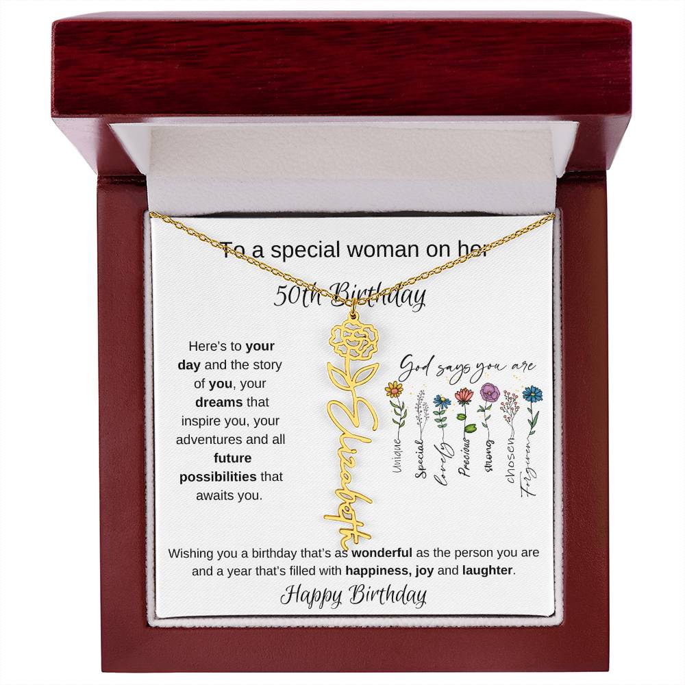 To A Special Woman On Her 50th Birthday - Flower Name Necklace