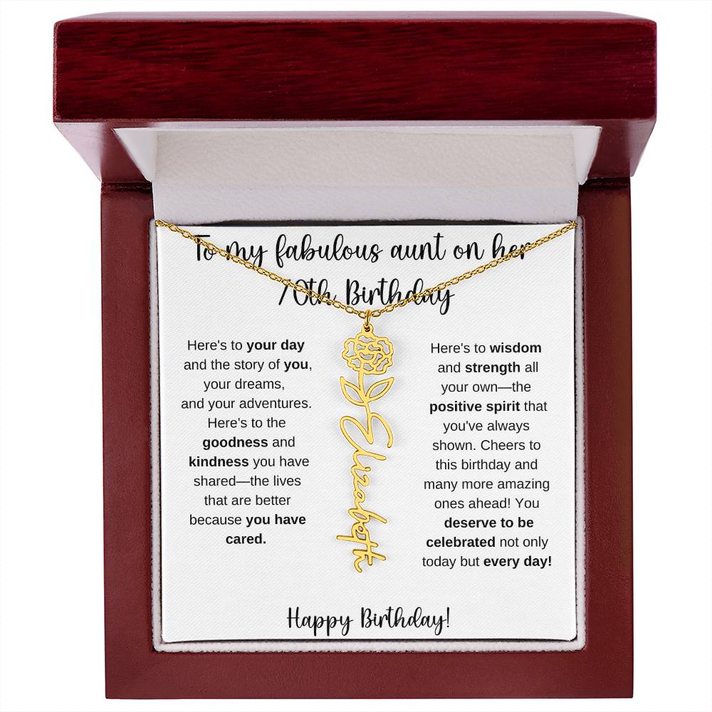 To My Fabulous Aunt - Happy 70th Birthday - Flower Name Necklace
