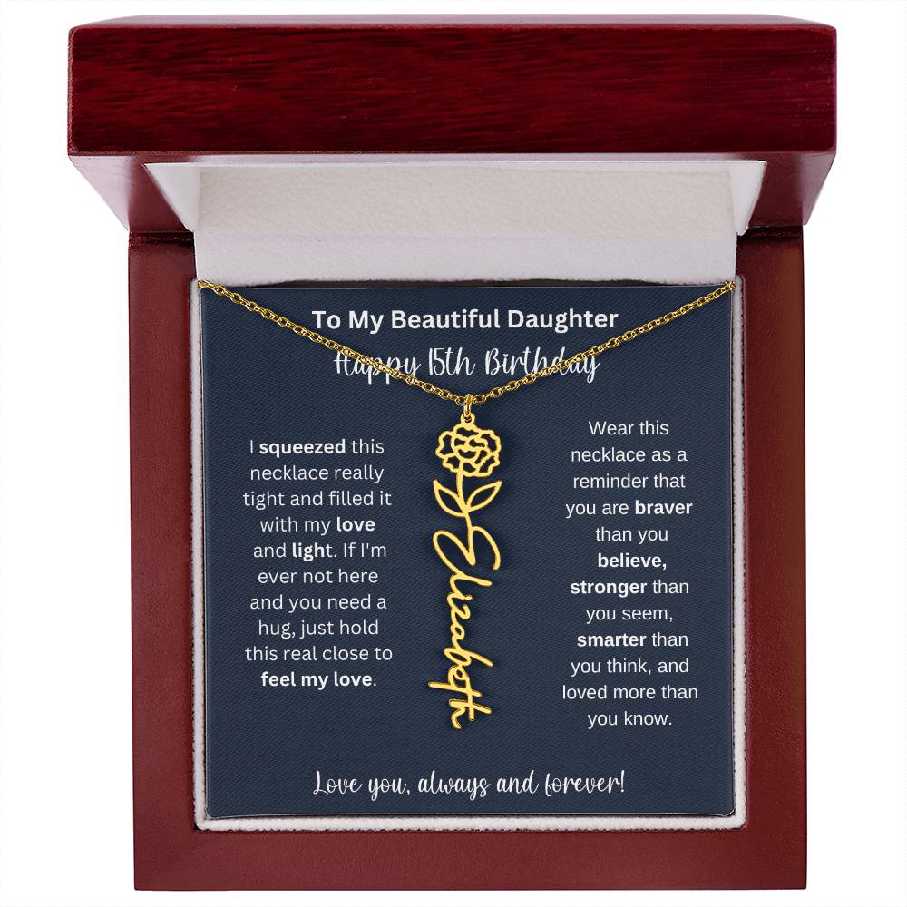 15th Birthday Gift For My Beautiful Daughter | Personalized Flower Name Necklace