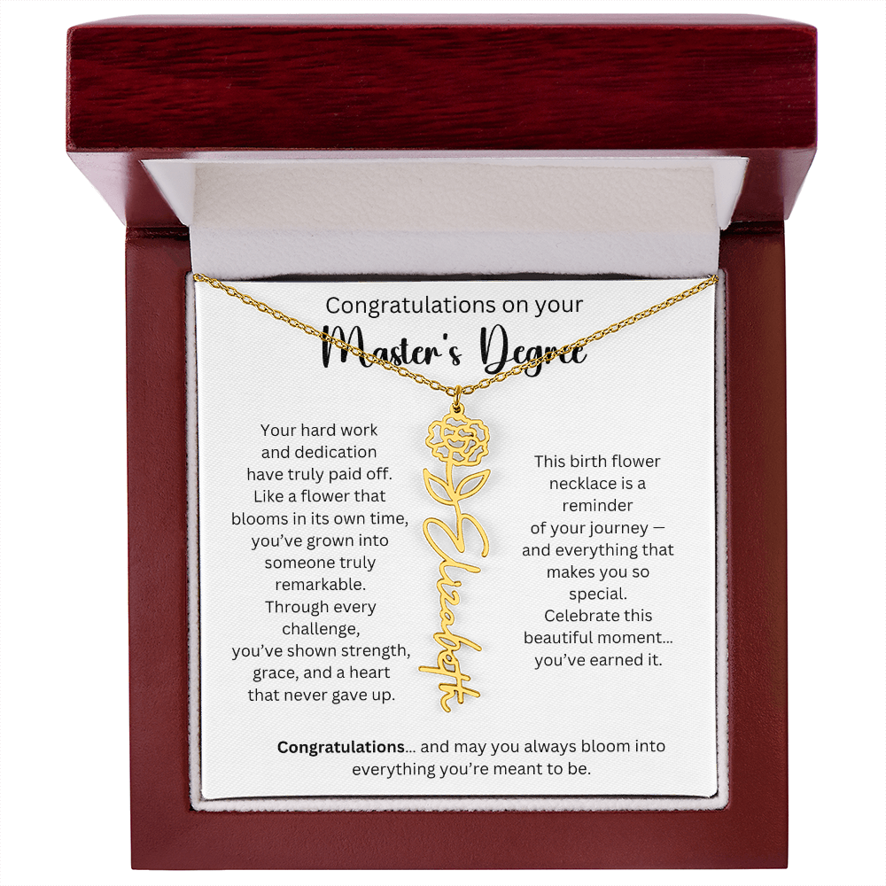Personalized Masters Graduation Keepsake Gift - Birth Flower Name Necklace