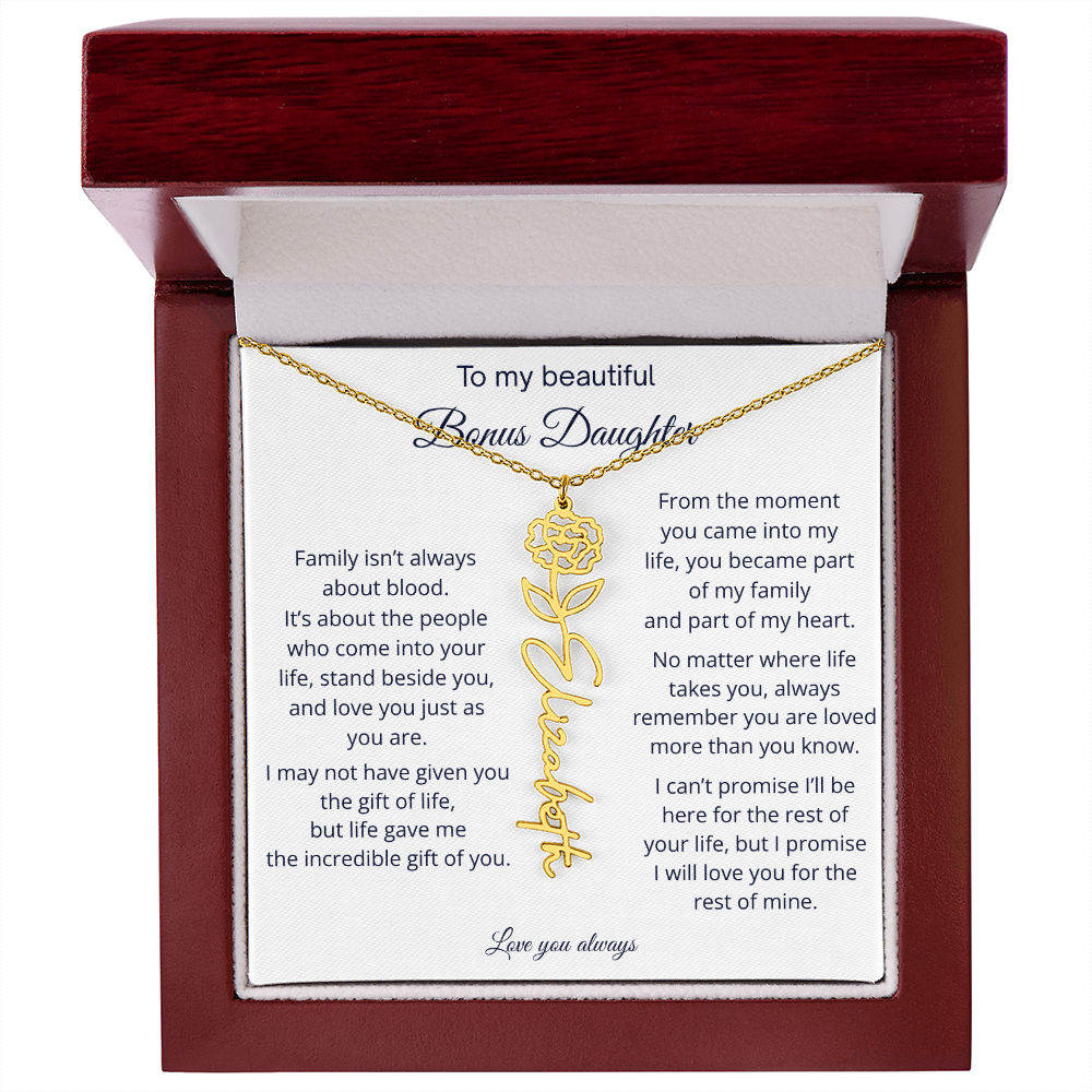 Bonus Daughter Jewelry Gift - Personalized Birth Flower Name Necklace