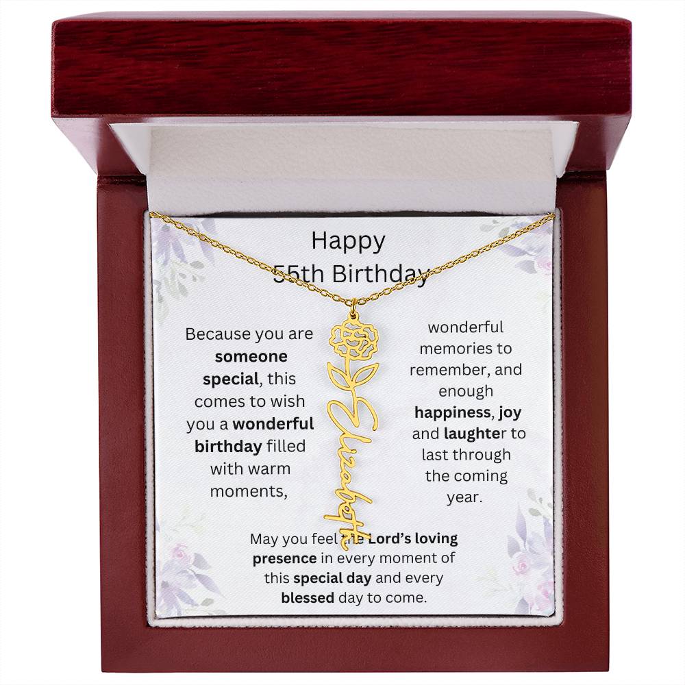 Wishing You Happiness, Joy & Laughter - Happy 55th Birthday | Flower Name Necklace