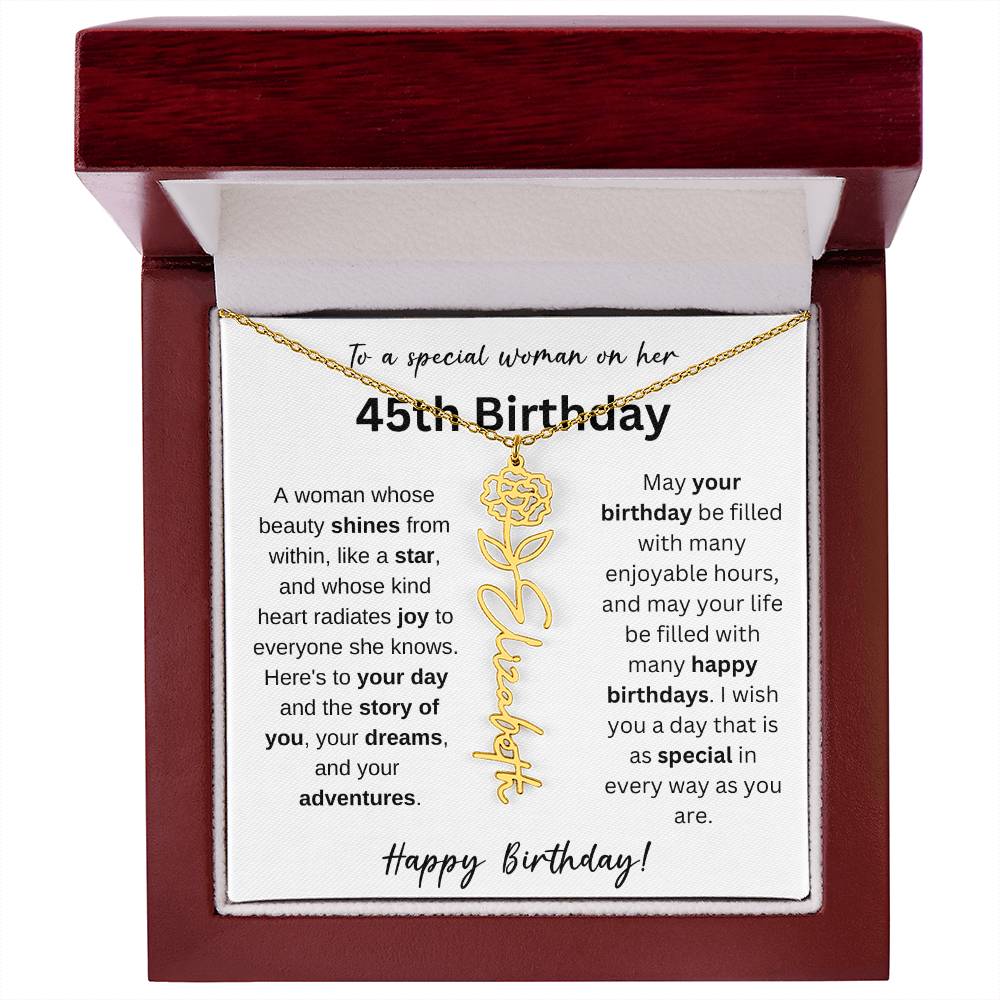 To A Special Woman - Happy 45th Birthday - Flower Name Necklace