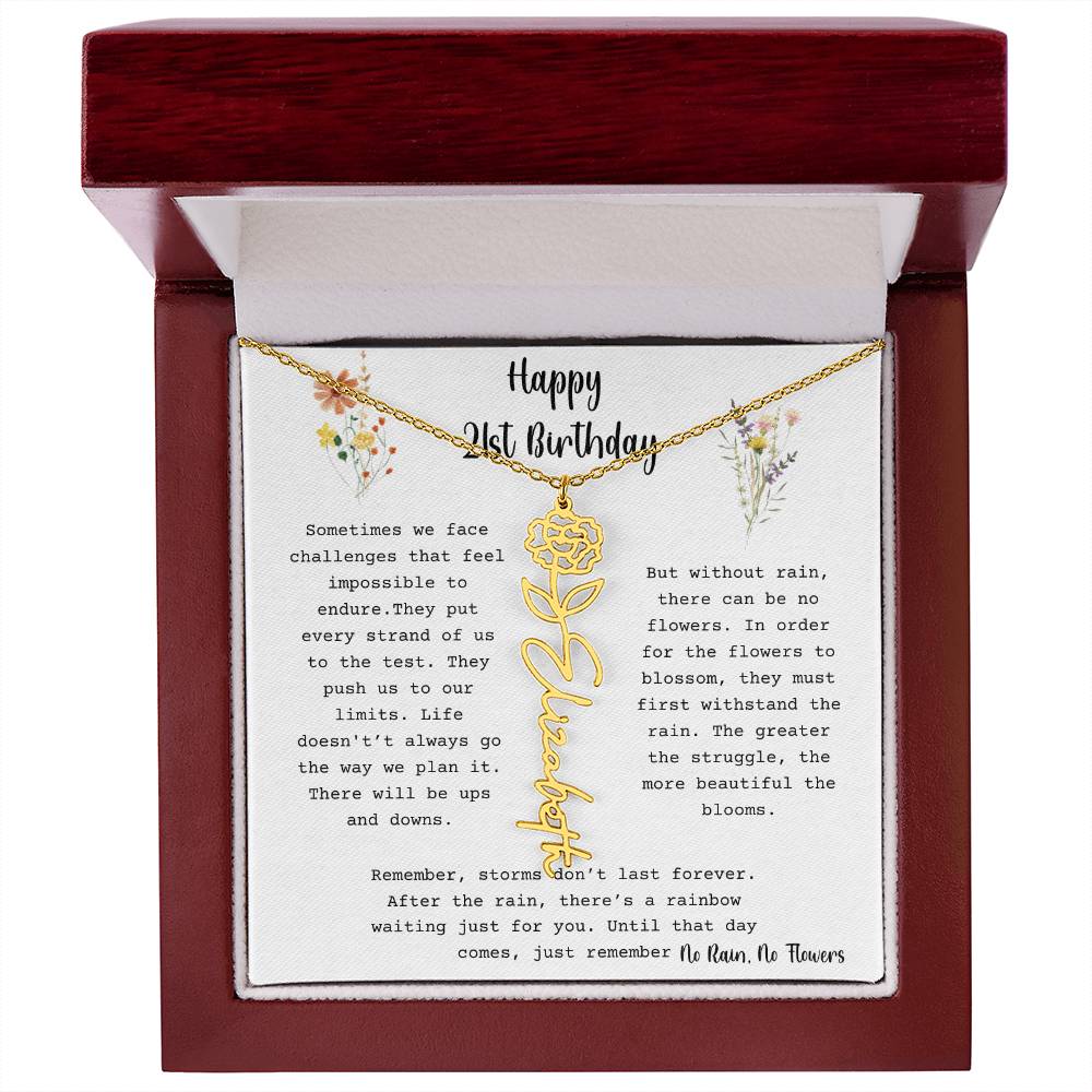 No Rain, No Flowers - Happy 21st Birthday - Flower Name Necklace