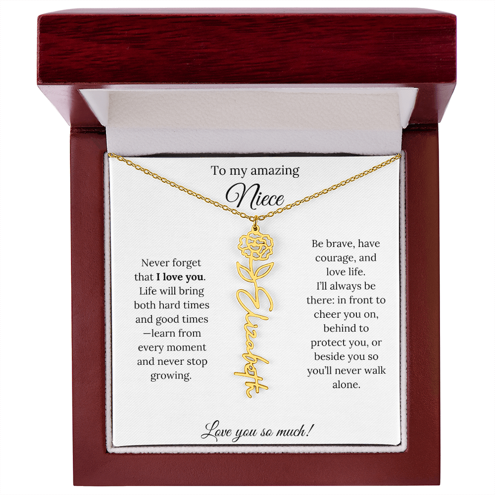 Niece Gift – Birth Flower Name Necklace + Inspiring Message Card