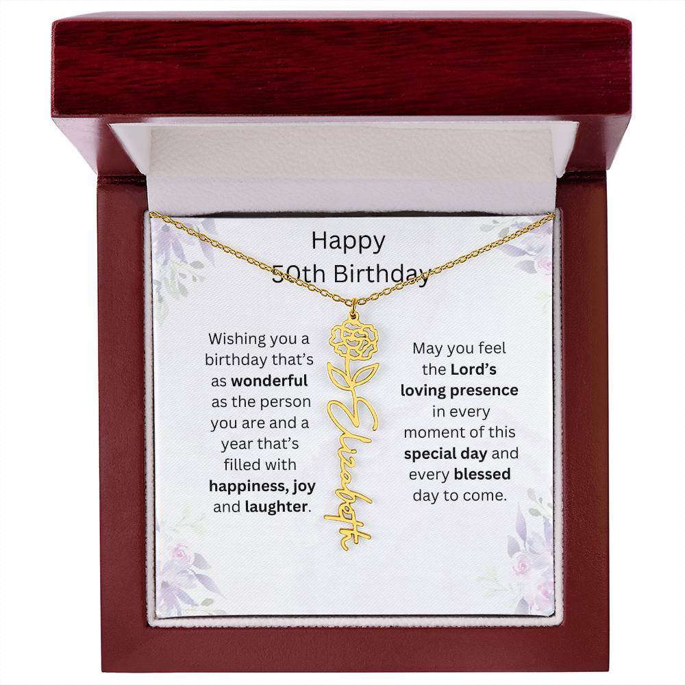 Wishing You Happiness, Joy & Laughter - Happy 50th Birthday | Flower Name Necklace