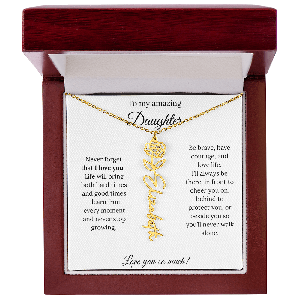 Personalized Daughter Necklace with Birth Flower Name & Inspiring Quote Card