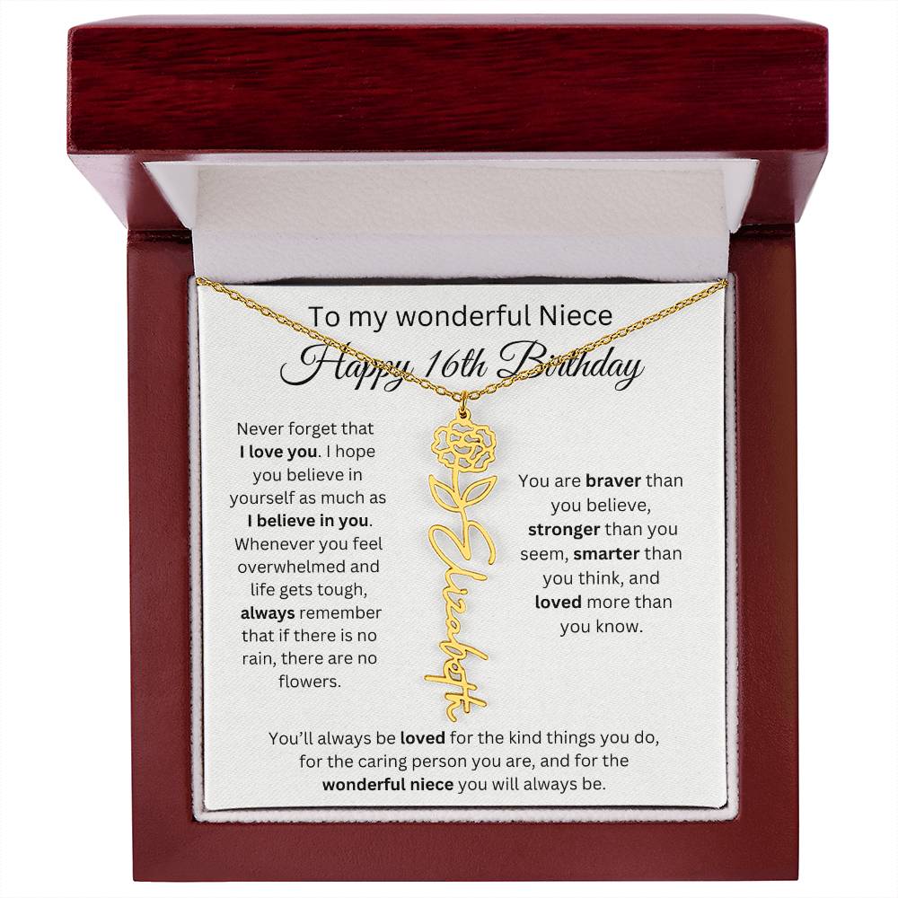 To My Wonderful Niece Happy 16th Birthday - Flower Name Necklace