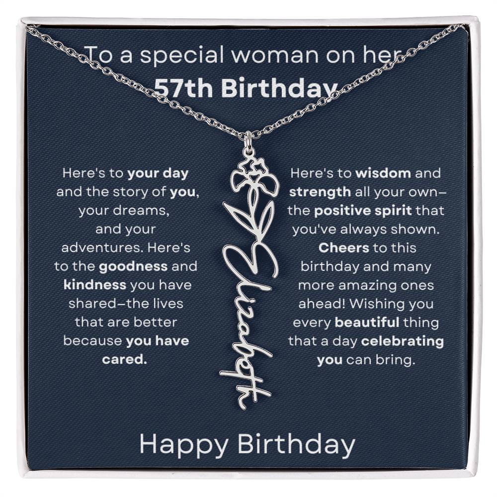 To A Special Woman On Her 57th Birthday - Flower Name Necklace
