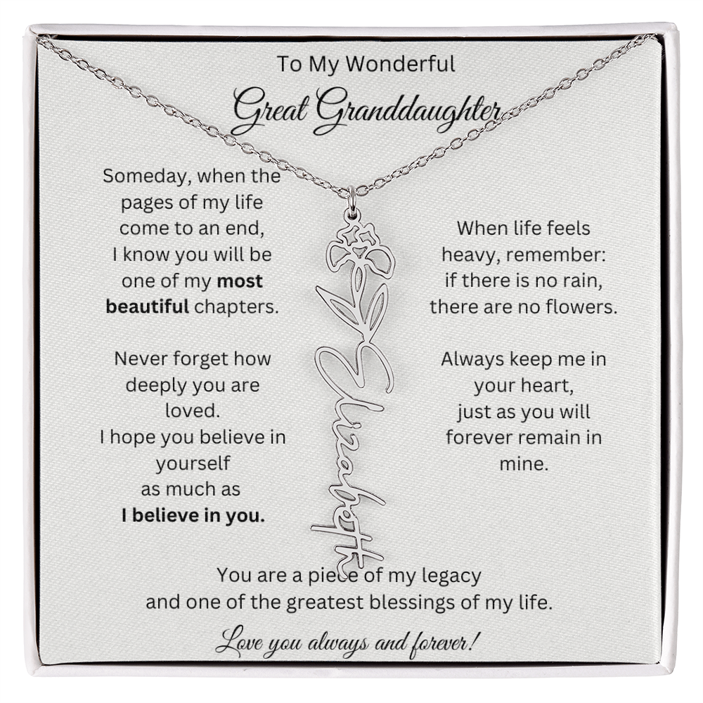 Great Granddaughter Gift - Custom Birth Flower Name Necklace