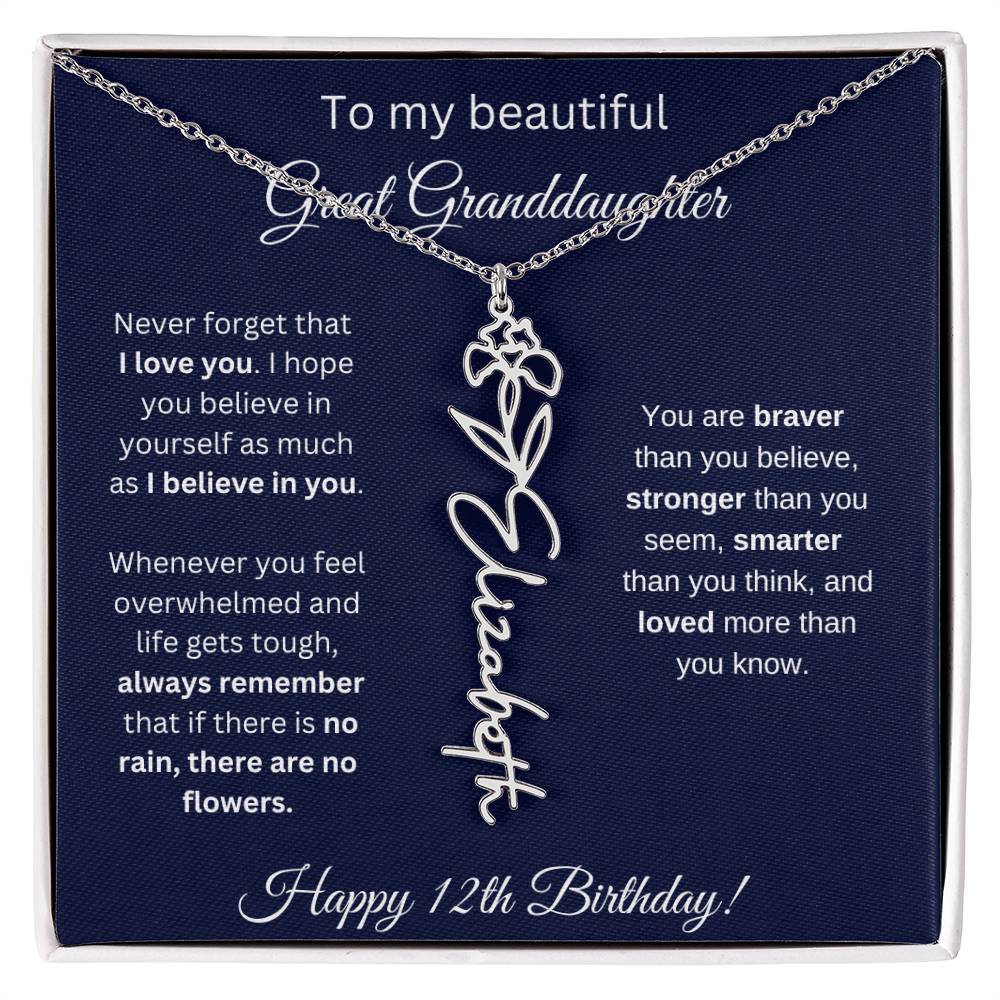12th Birthday Gift For Great Granddaughter - Birthmonth Flower Name Necklace