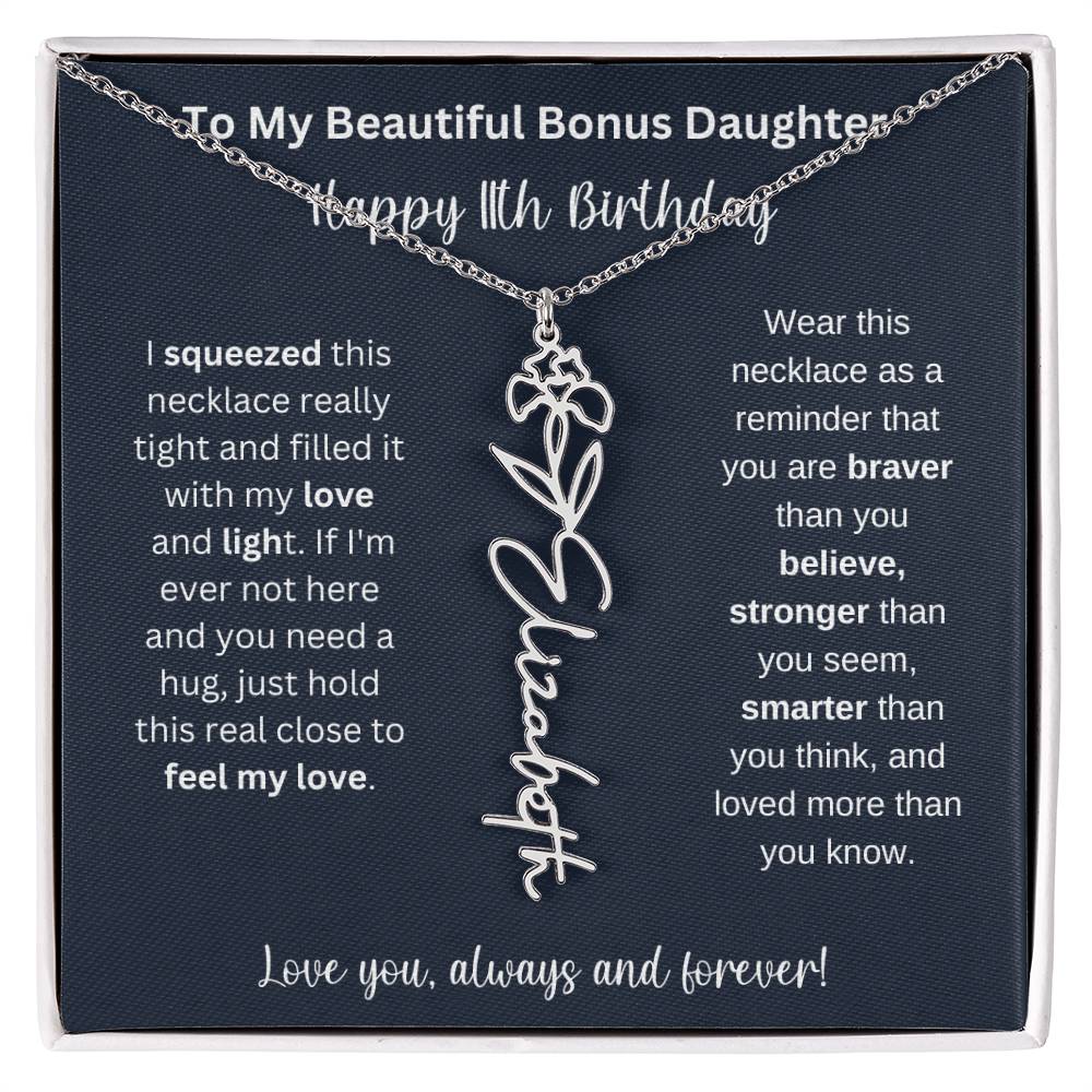 To My Beautiful Bonus Daughter | Happy 11th Birthday | Flower Name Necklace