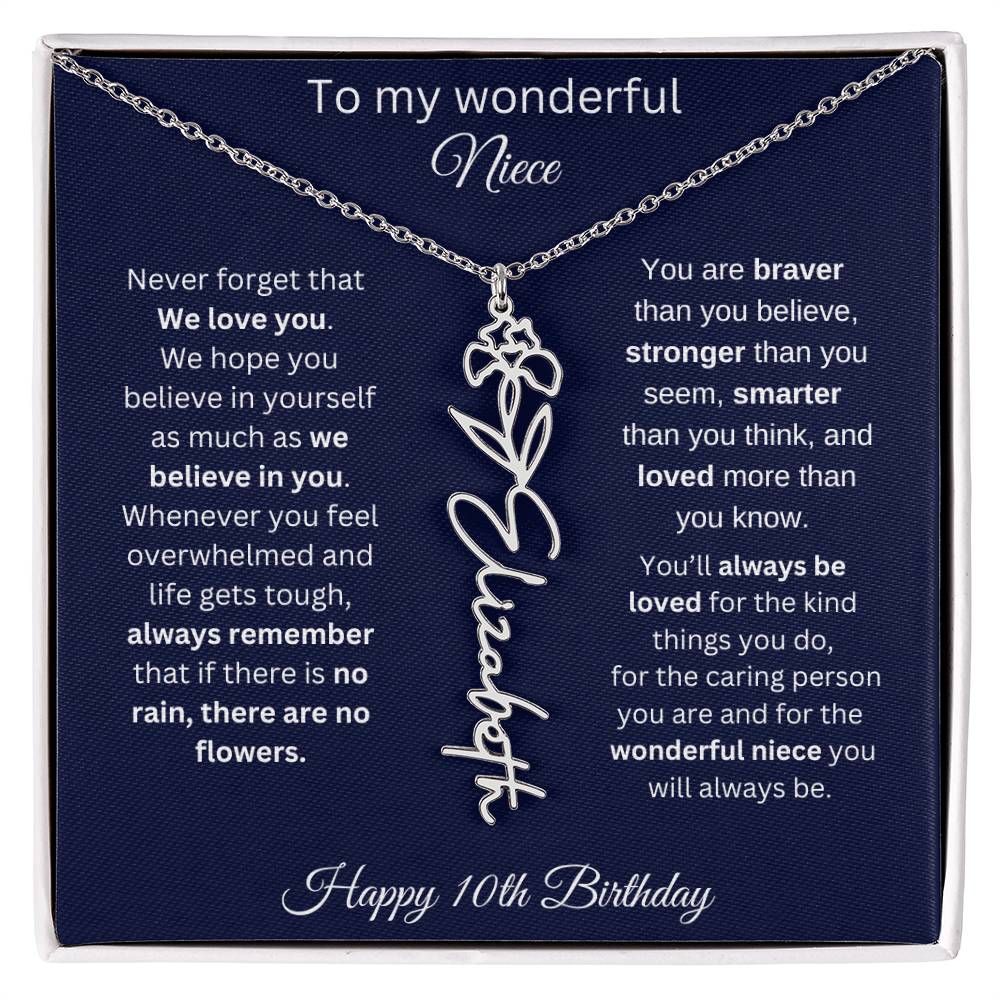 10th Birthday Gift For Niece - Personalized Birthmonth Flower Name Necklace