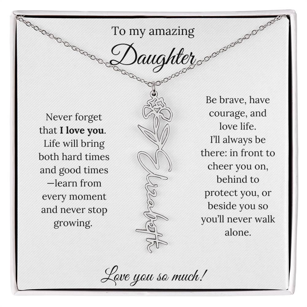 Personalized Daughter Necklace with Birth Flower Name & Inspiring Quote Card