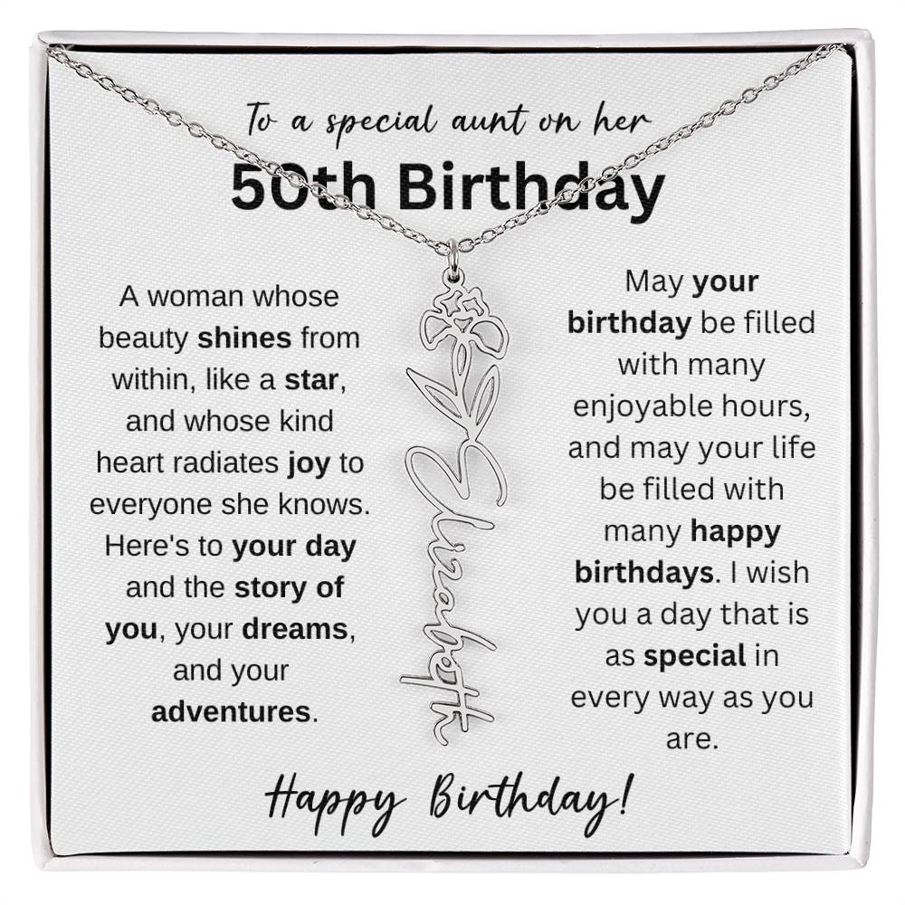 To A Special Aunt Happy 50th Birthday - Flower Name Necklace