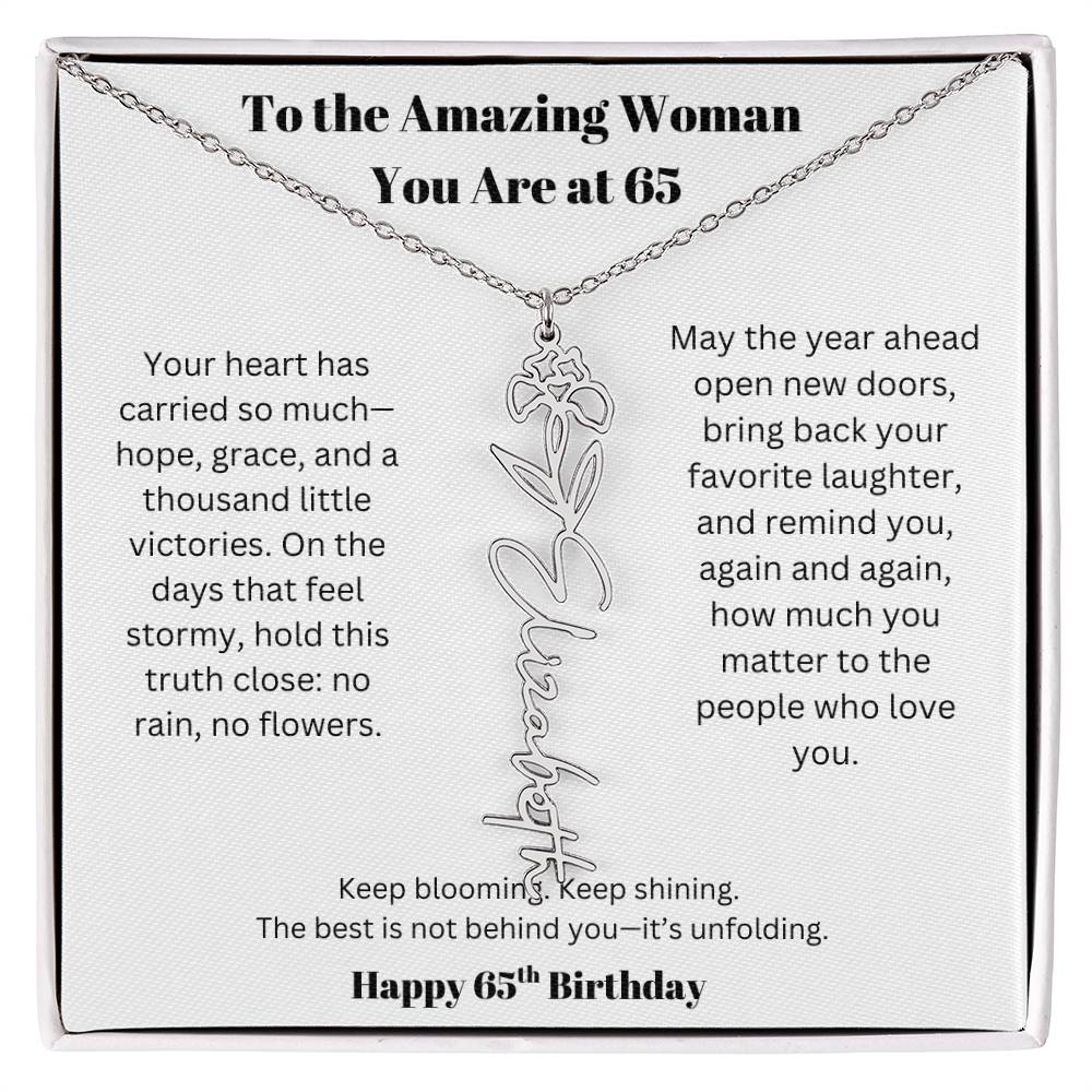 To The Amazing Woman | 65th Birthday Keepsake Jewelry | Flower Name Necklace