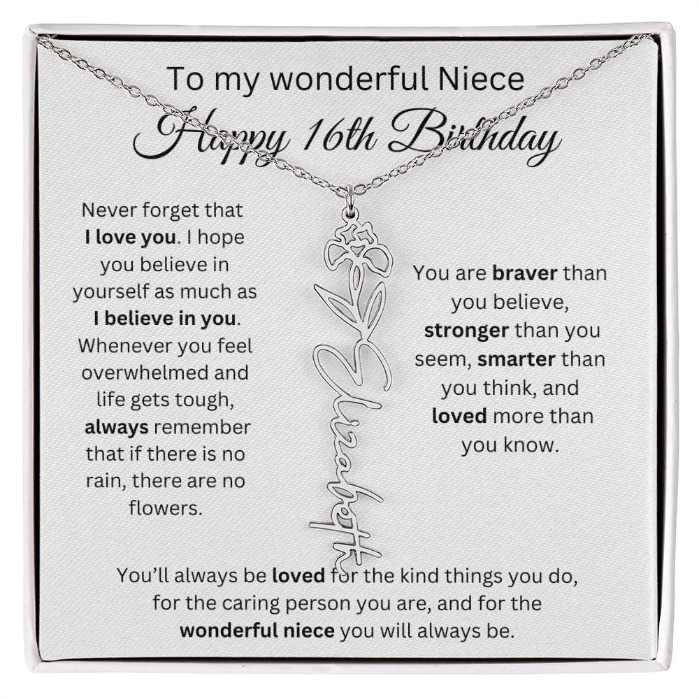 To My Wonderful Niece Happy 16th Birthday - Flower Name Necklace