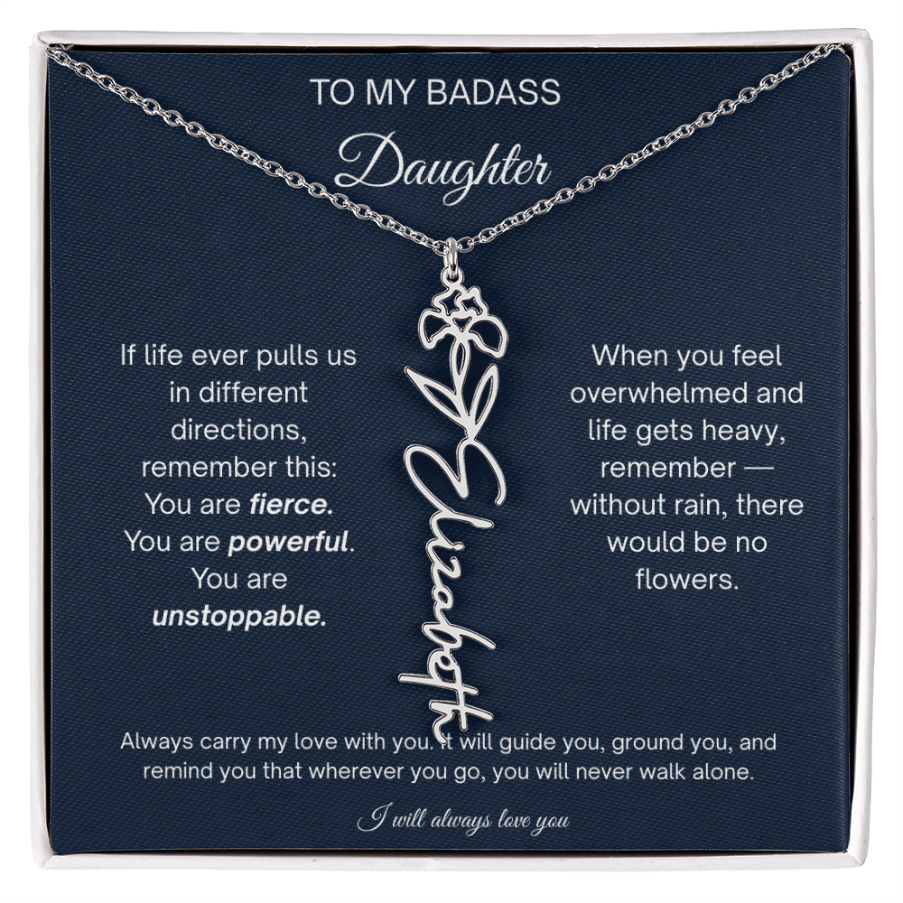 Badass Daughter Personalized Birth Flower Name Necklace
