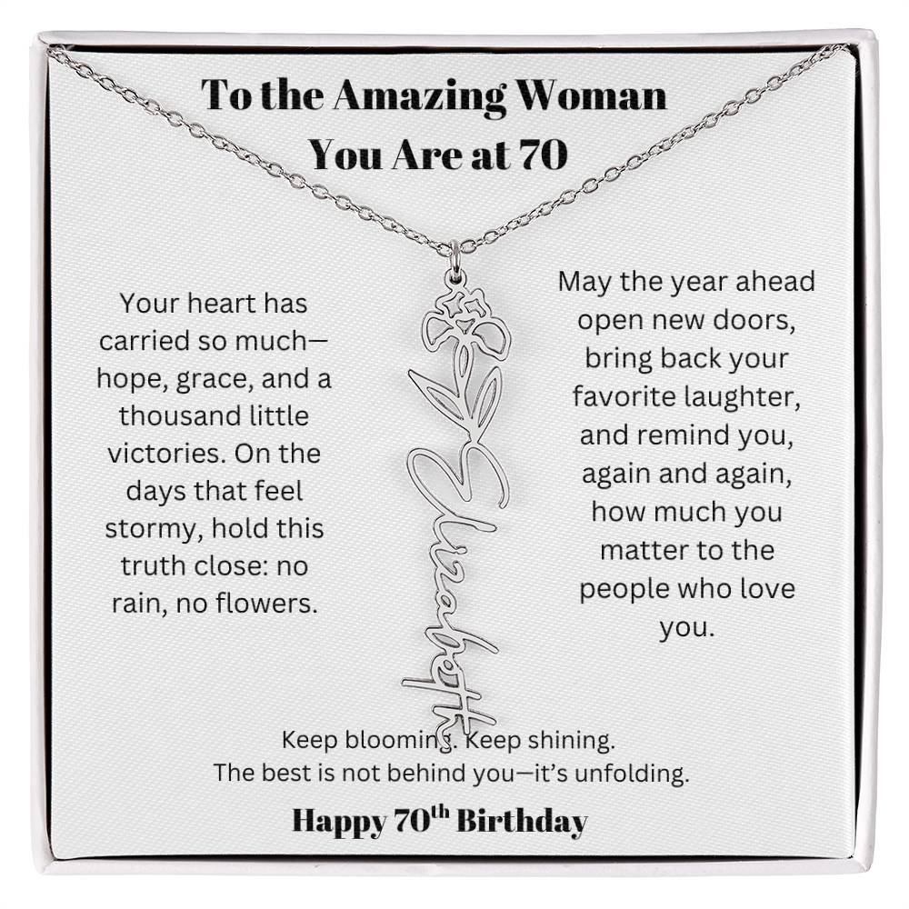 To The Amazing Woman | 70th Birthday Keepsake Jewelry | Flower Name Necklace