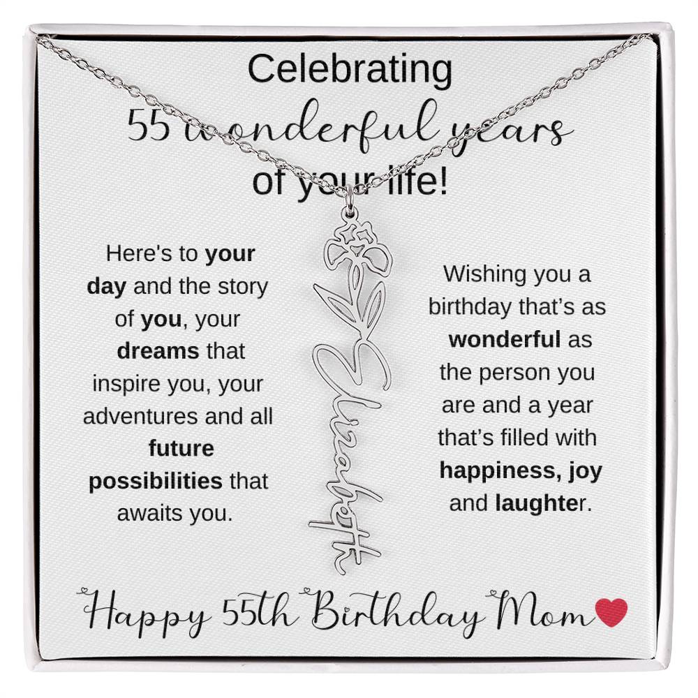 Happy 55th Birthday Mom - Flower Name Necklace